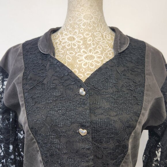 Banjo Dallas TX Women's Size Small Black Denim & Lace Long Sleeve Crop Top Goth - Picture 2 of 16